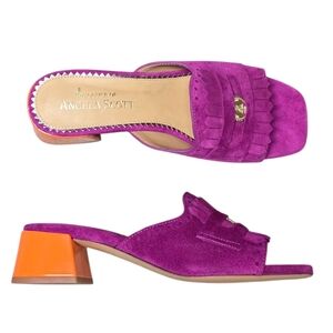 OFFICE OF ANGELA SCOTT MISS CAMERON SUEDE FUSCHIA ORANGE MULES 6.5